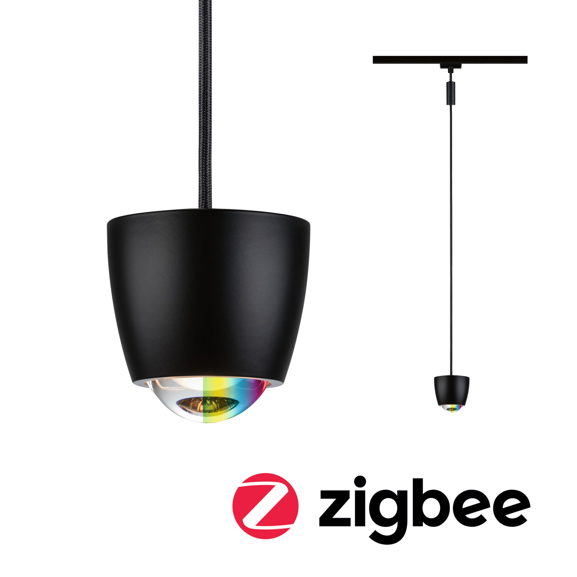 Schwarze Pendelleuchte aus Metall mit bunter Glaslinse und Zigbee Smart Home Steuerung