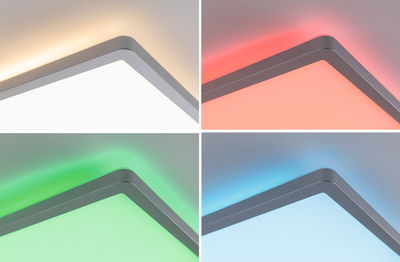 Moderne quadratische LED-Deckenleuchte mit Aluminiumrahmen und wechselnden Farblichtern für Wohnräume.