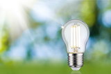 LED-pære med klart glas og sølvbase mod grøn-blå baggrund til energibesparende belysning