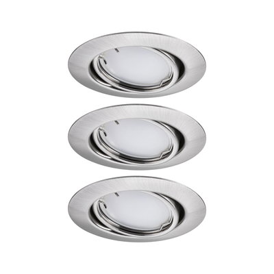 Trois spots encastrés ronds en acier inoxydable brossé avec diffuseur blanc pour éclairage LED moderne