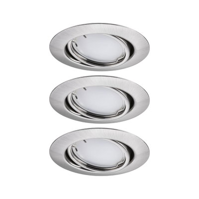 Drei runde Einbaustrahler aus gebürstetem Edelstahl mit weißem Diffusor für moderne LED-Beleuchtung