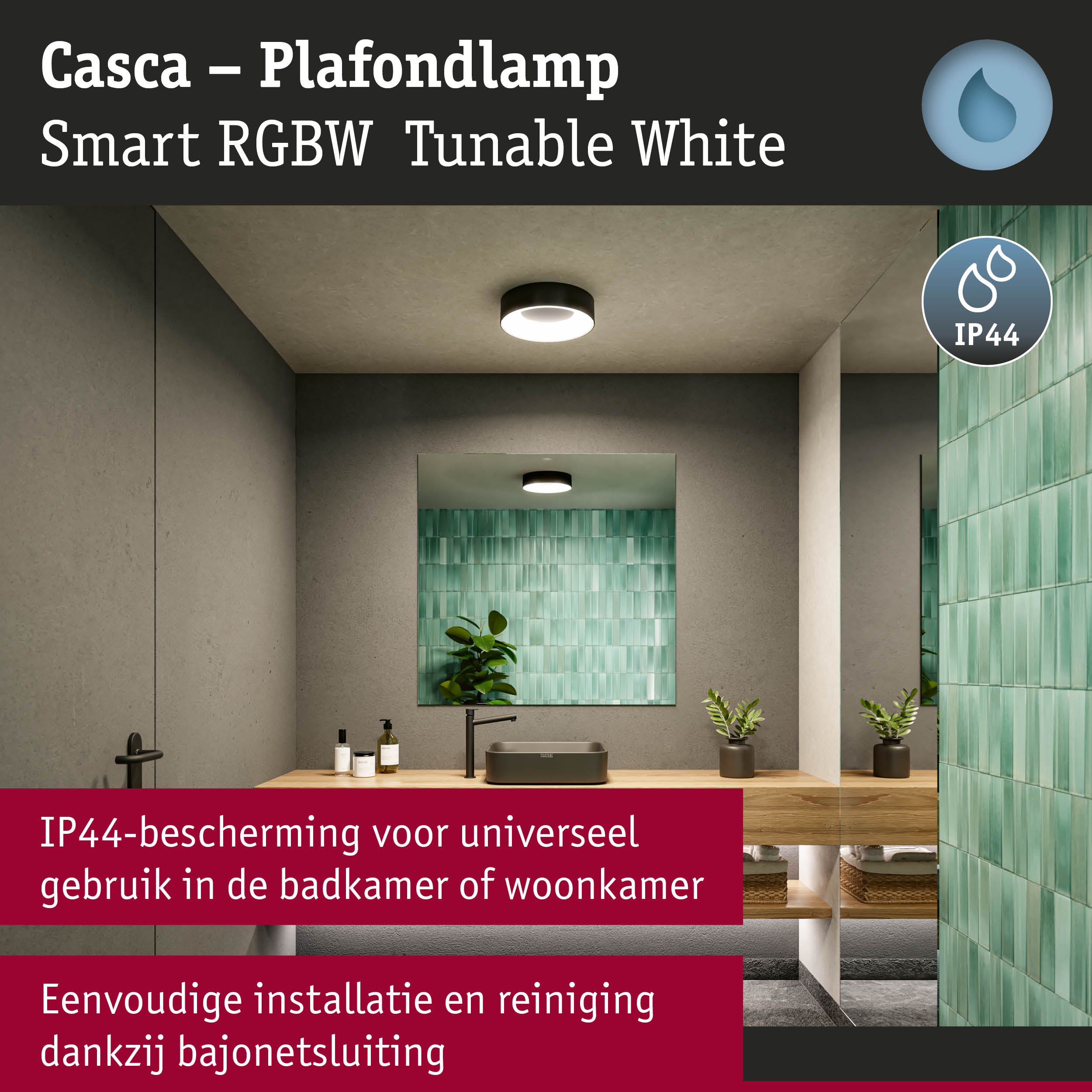 Zwarte Casca Smart RGBW plafondlamp met IP44 bescherming voor badkamer en woonkamer