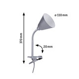 Zilveren metalen klemlamp met flexibele hals, 110 mm lampenkapdiameter en 370 mm hoogte