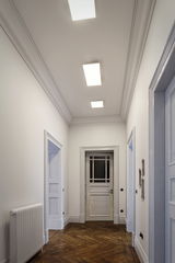 Modern hallway with white walls, wooden floor, and rectangular ceiling lights for home lighting