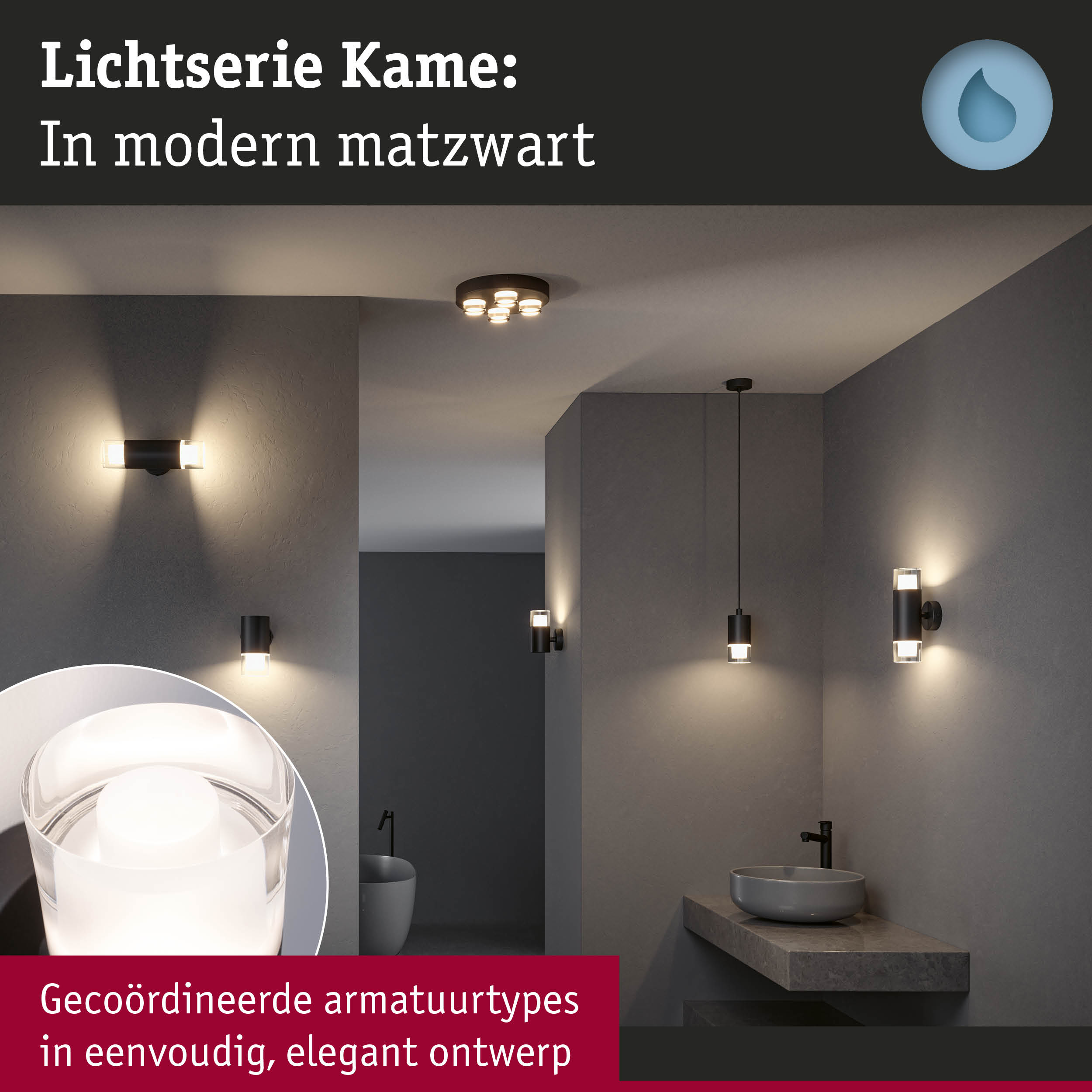 Moderne matte zwarte Kame lichtserie met wand- en plafondlampen in elegant badkamerontwerp
