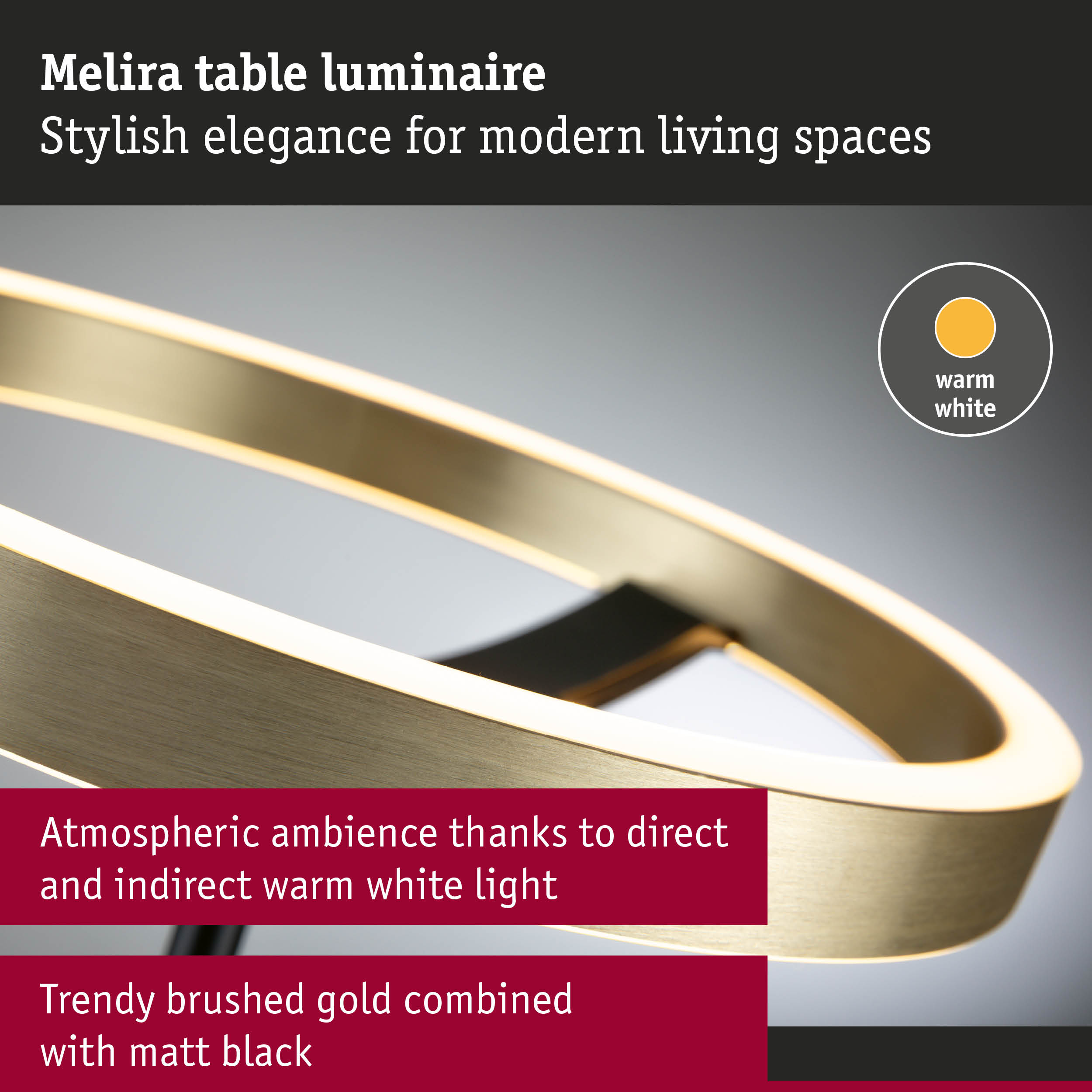 Melira table luminaire in brushed gold and matt black with warm white LED light for stylish modern spaces