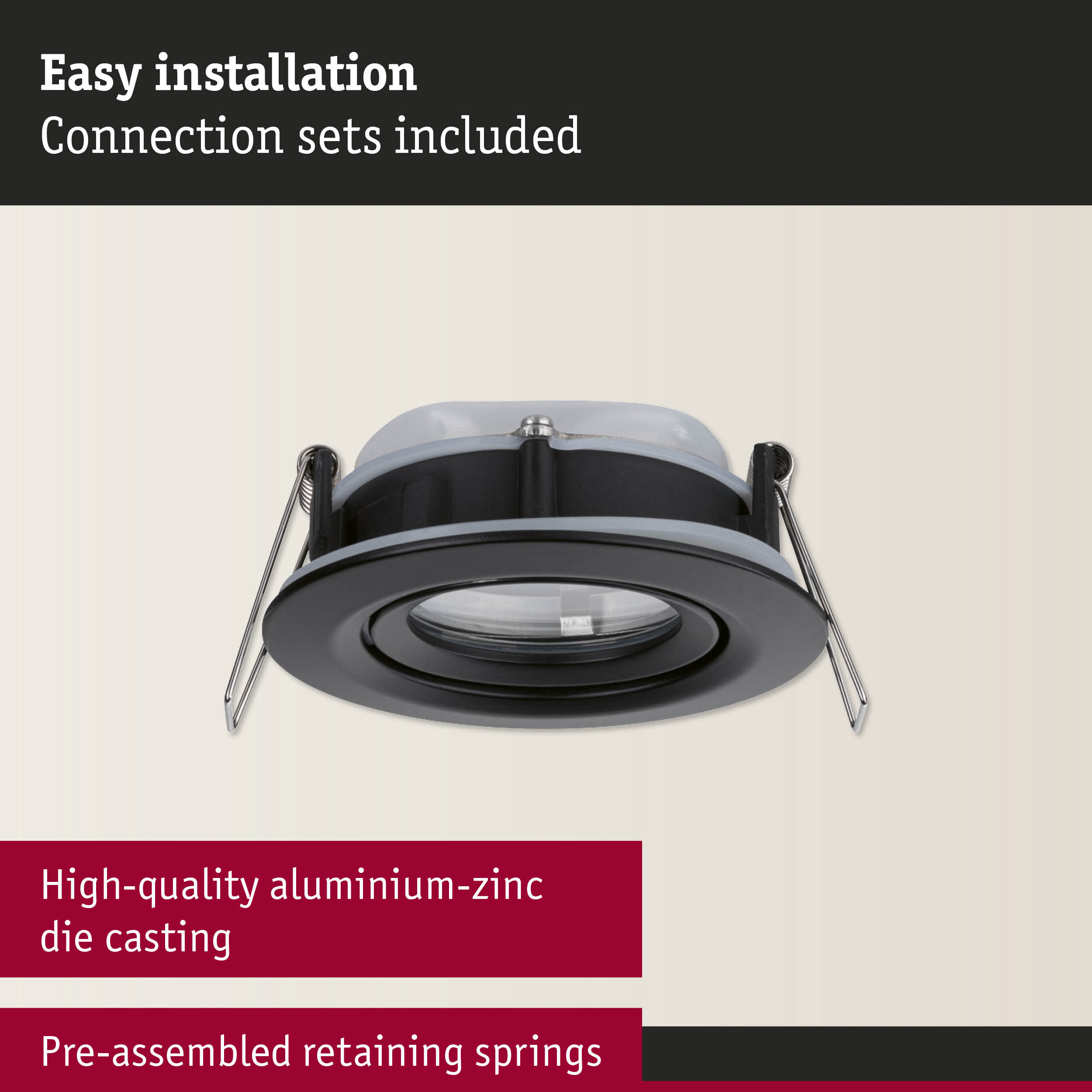 Black recessed spotlight made of aluminium-zinc die casting with springs for easy installation