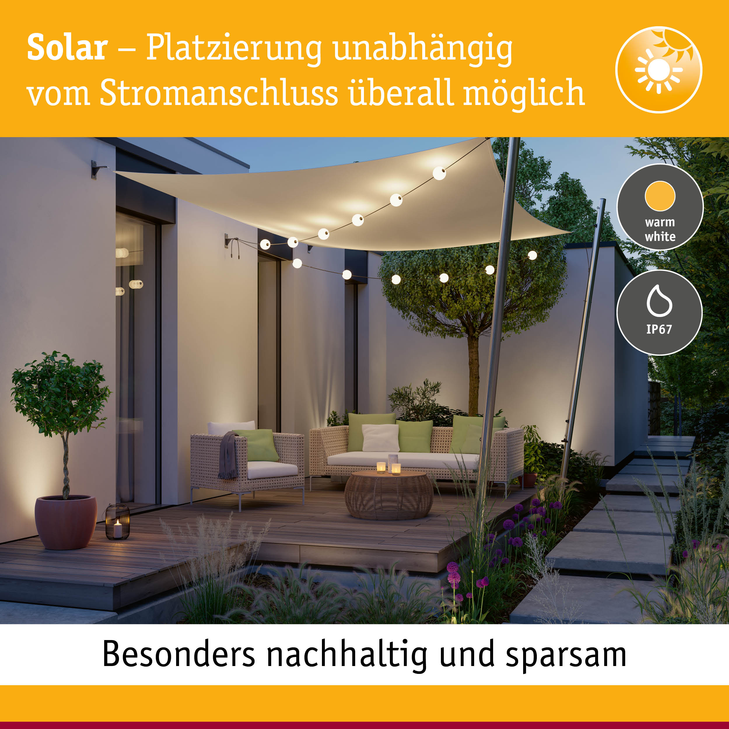 Solarbetriebene Außenlichterkette mit warmweißem Licht und IP67 Schutz für Garten und Terrasse
