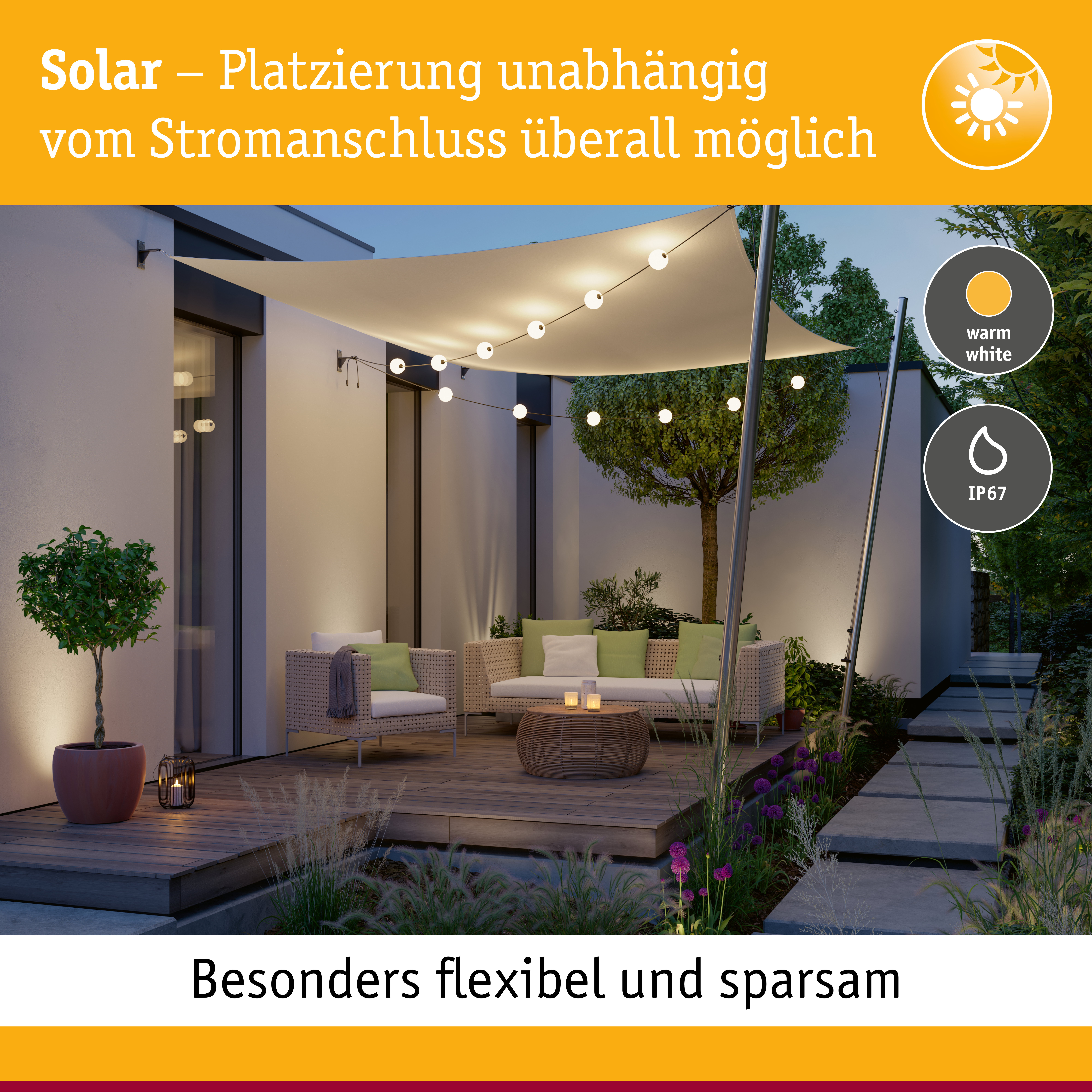 Solarbetriebene Außenlichterkette mit warmweißem Licht und IP67 Schutz für Garten und Terrasse