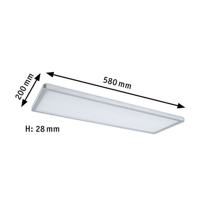 Rechteckige LED-Deckenleuchte aus Aluminium in Silber mit Maßen 580x200x28 mm für moderne Beleuchtung