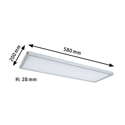 Rectangular silver aluminium LED ceiling light measuring 580x200x28 mm for modern interior lighting
