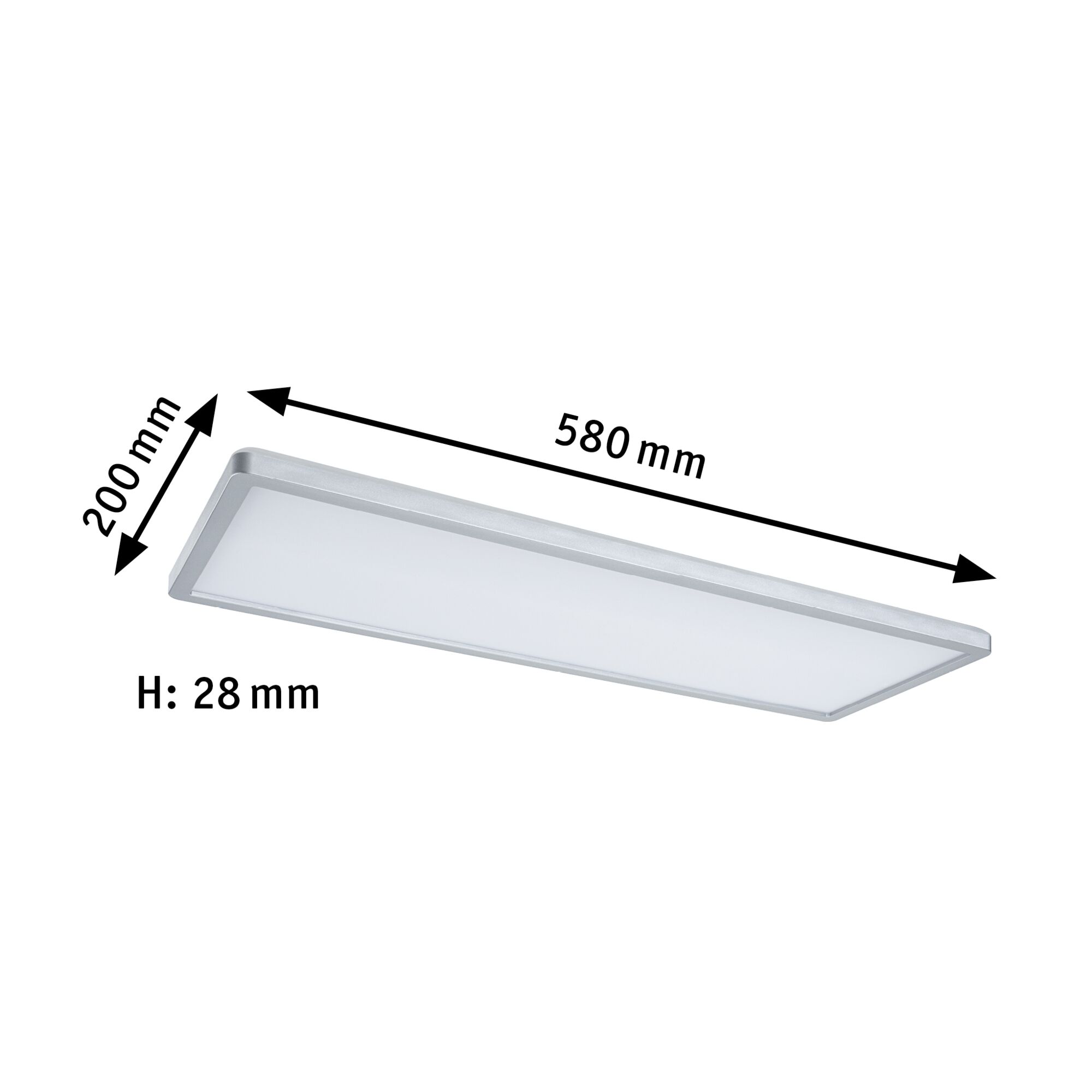 Rechteckige LED-Deckenleuchte in Silber mit weißem Diffusor, Maße 580x200x28 mm, moderne Raumbeleuchtung