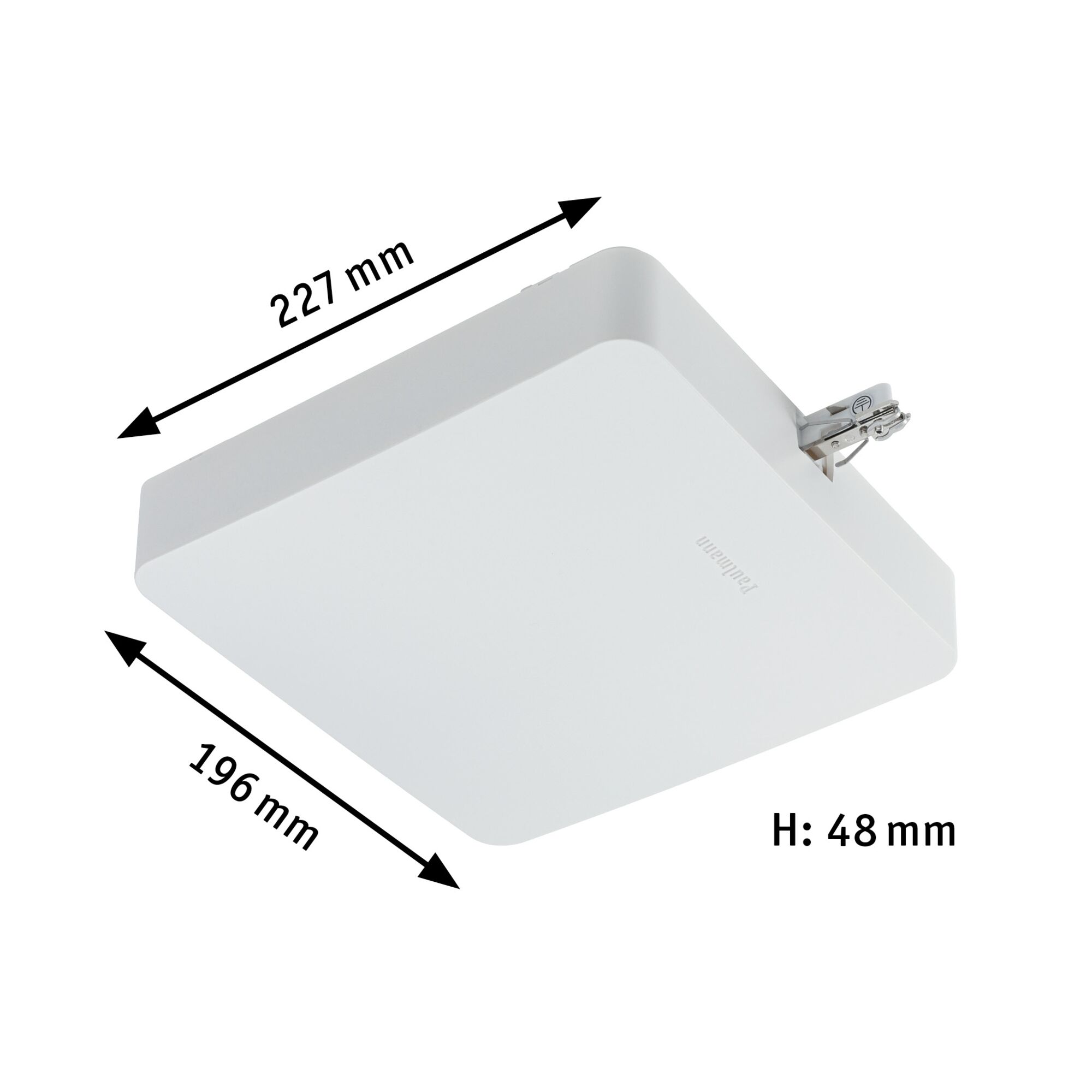 White square LED panel made of plastic measuring 227x196x48 mm for modern lighting solutions