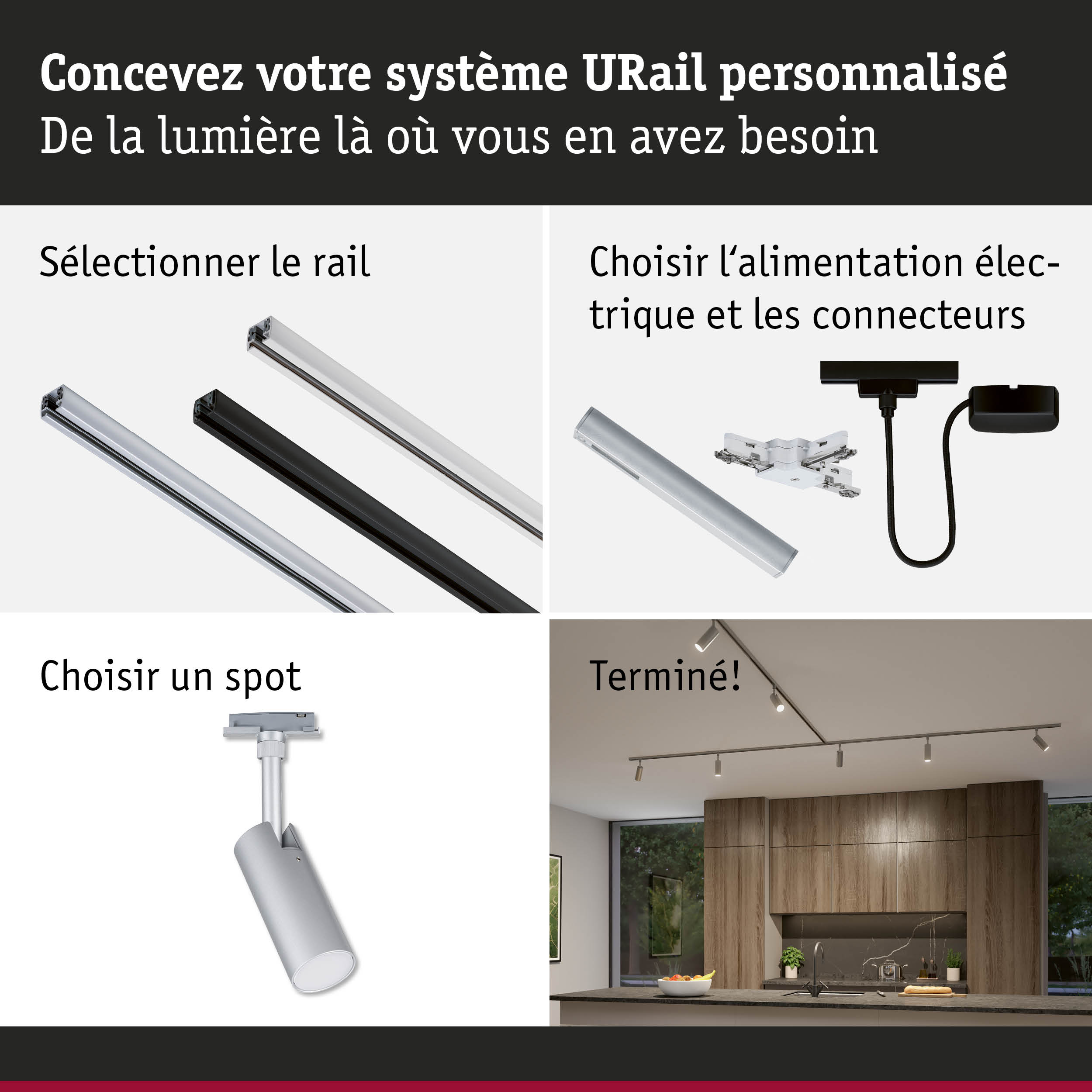 Système de rail modulaire URail en aluminium noir et blanc pour éclairage LED flexible