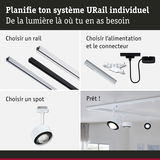 Système modulaire URail en aluminium avec rails, connecteurs et spots LED blancs pour éclairage flexible