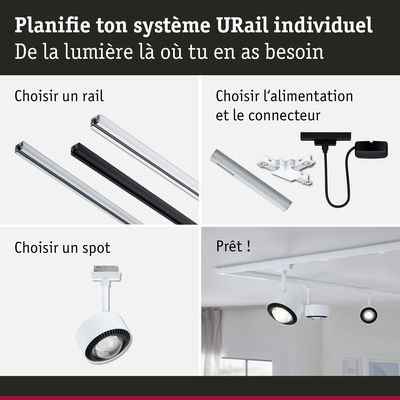 Système modulaire URail en aluminium avec rails, connecteurs et spots LED blancs pour éclairage flexible