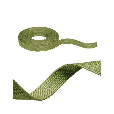Green textile tape made of durable material, suitable for decoration and fastening in DIY projects.