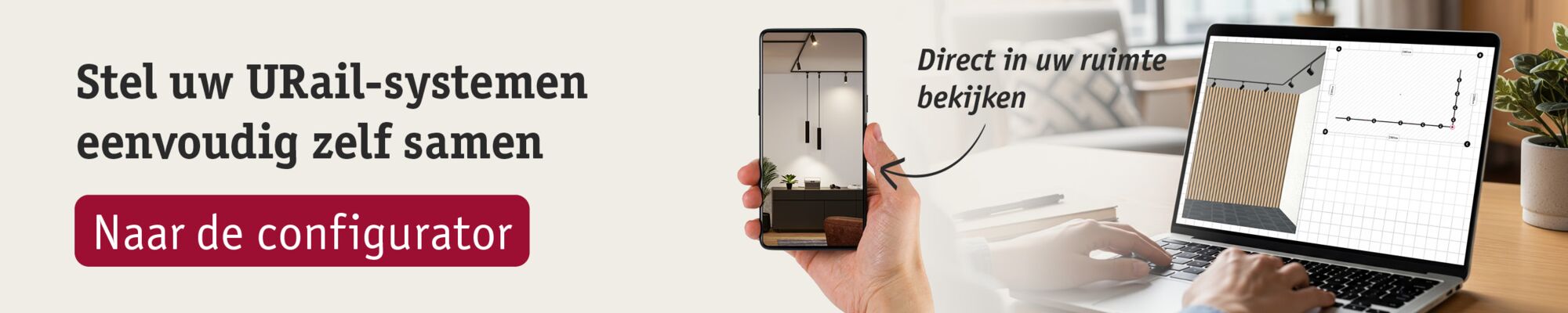 Laptop met URail-configuratiesoftware en smartphone toont verlichting in ruimte voor lichtsysteemplanning