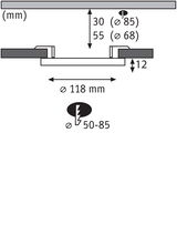 Technical drawing showing dimensions for round recessed spotlight Ø118 mm, installation depth 12 mm, cutout Ø68-85 mm