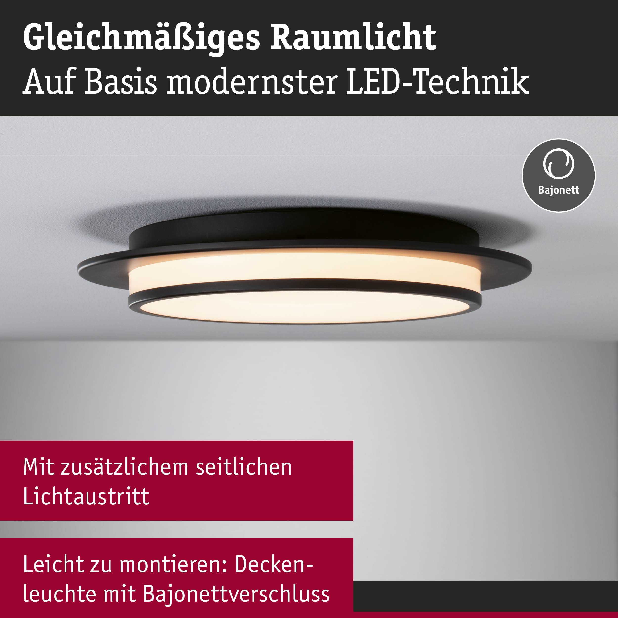 Schwarze LED-Deckenleuchte mit gleichmäßigem Raumlicht und Bajonettverschluss für einfache Montage