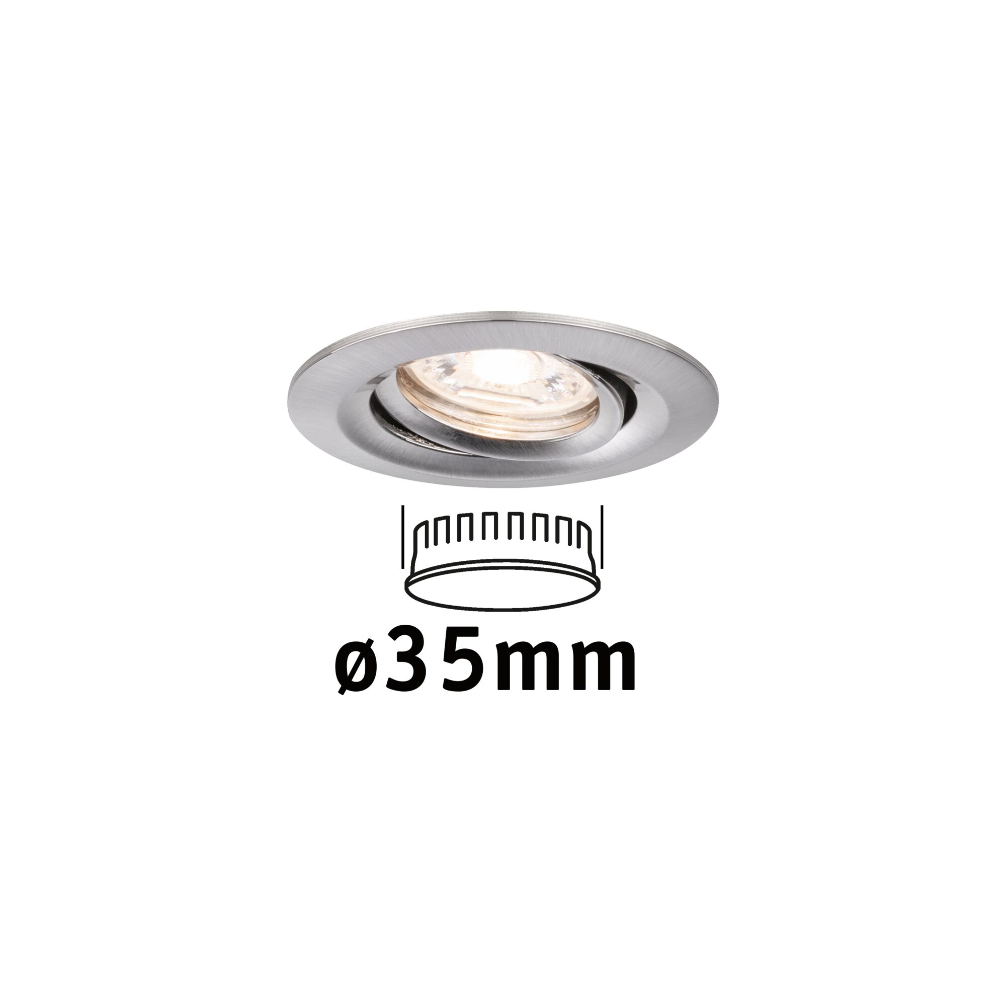 Spot encastré LED Nova Mini Coin Luminaire individuel orientable rond 66mm 15° Coin 4W 310lm 230V 2700K Acier brossé Spot encastré rond en aluminium brossé de 35 mm de diamètre pour éclairage LED