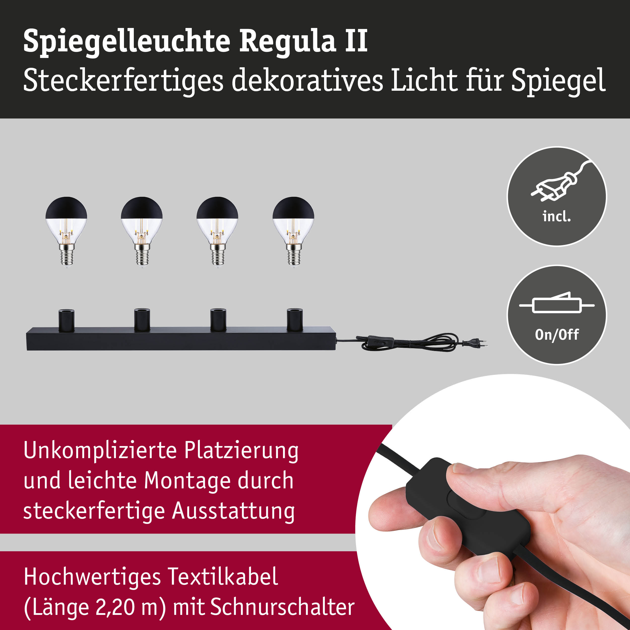 Set Spiegelleuchte Regula II inkl. Leuchtmittel 4-flammig E14 2700K 4x250lm 230V 4x2,5W dimmbar Schwarz/Kopfspiegel Schwarz matt