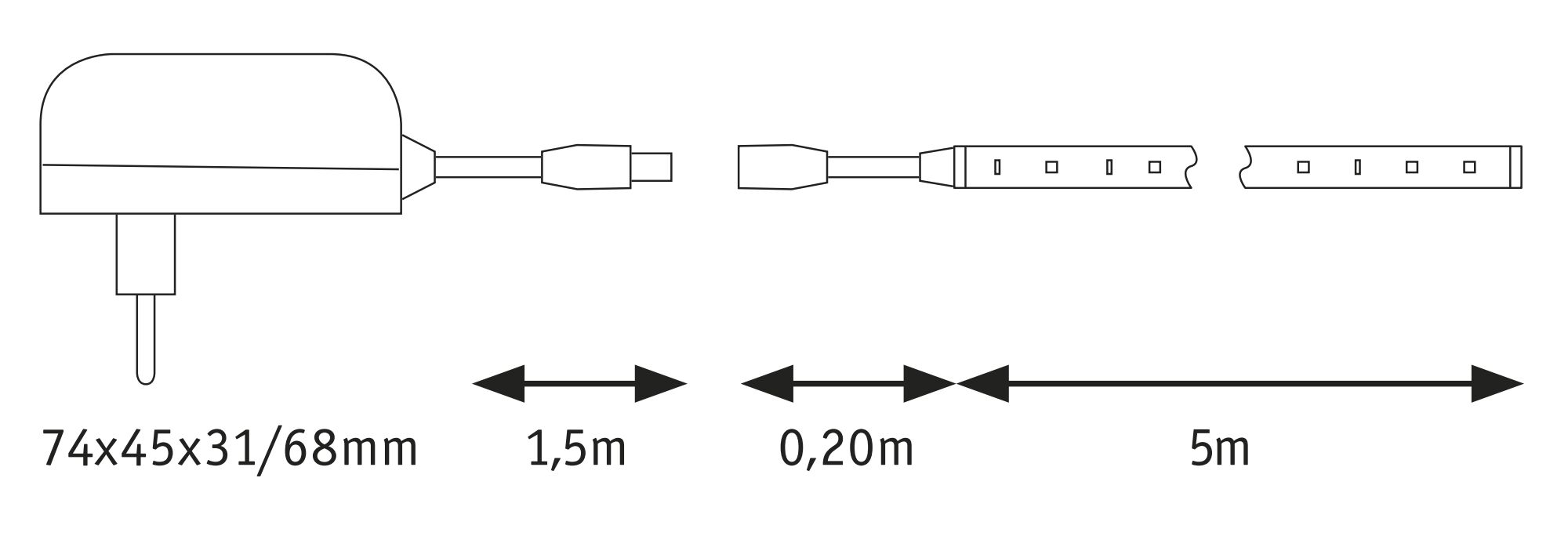 Schéma technique d'une prise avec câbles indiquant les dimensions 74x45x31/68mm, 1,5m, 0,2m, 5m de longueur