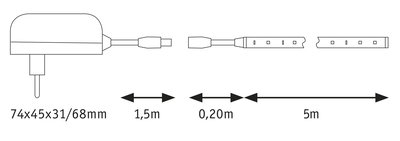 Technische Zeichnung eines Steckers mit Kabeln und Maßen 74x45x31/68mm, 1,5m, 0,2m, 5m Länge