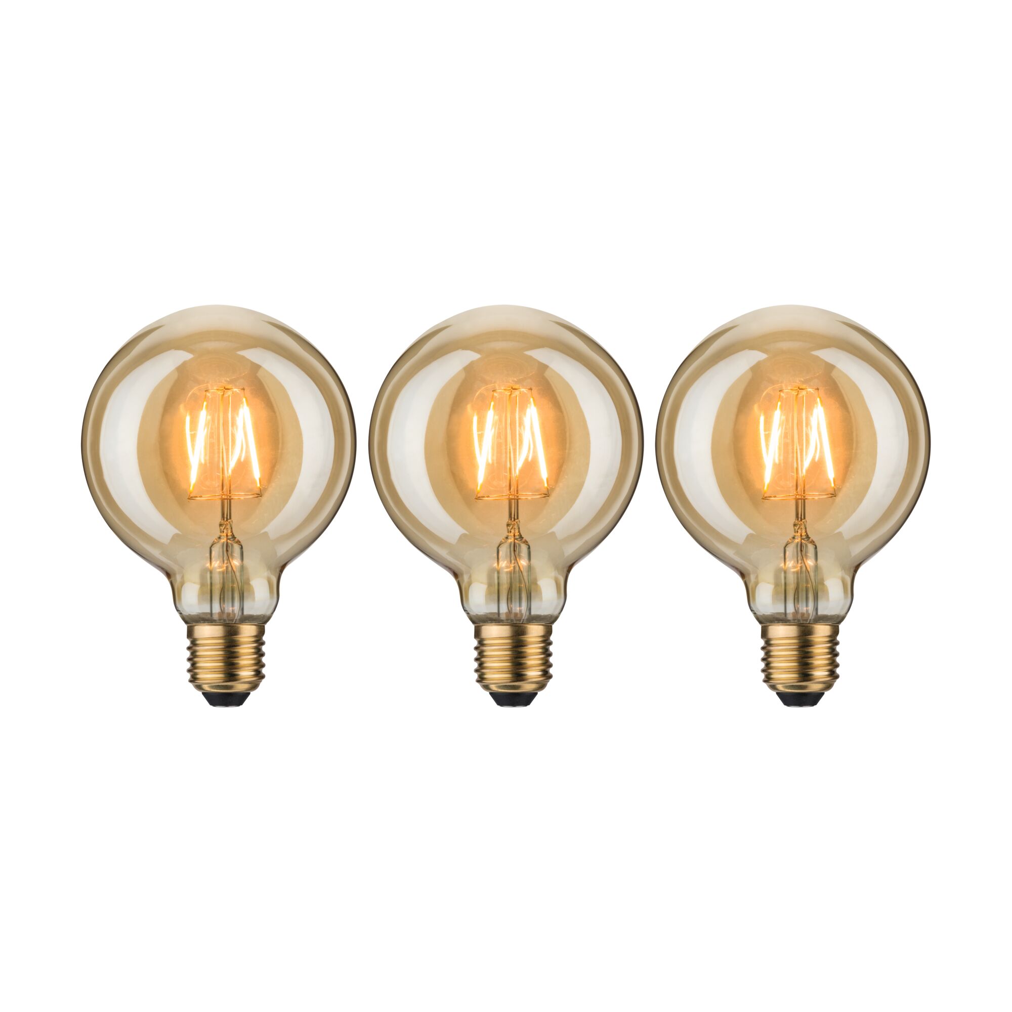 Three round LED bulbs with warm white light and amber glass for decorative lighting solutions.