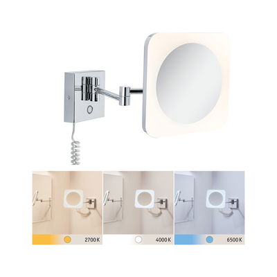 Wall mirror with LED light and adjustable arm in chrome, dimmable with color temperature from 2700K to 6500K.