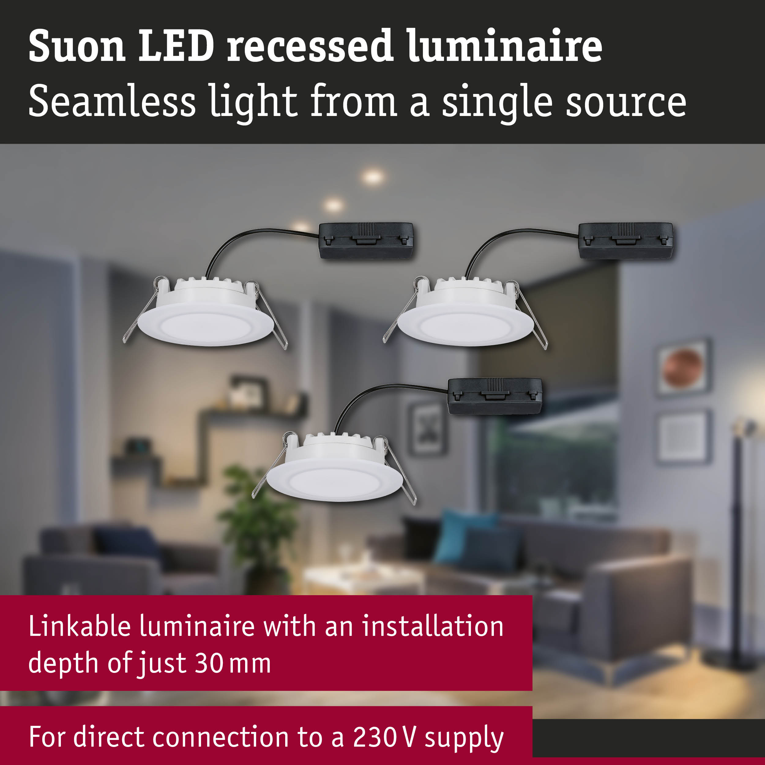 White Suon LED recessed downlights with slim design and direct 230V connection for living spaces