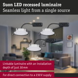 White Suon LED recessed downlights with slim design and direct 230V connection for living spaces