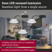 White Suon LED recessed downlights with slim design and direct 230V connection for living spaces