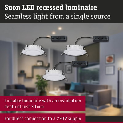 White Suon LED recessed downlights with slim design and direct 230V connection for living spaces
