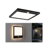 Zwarte vierkante LED-wandlamp met bewegingssensor, warm wit licht voor buitengebruik.