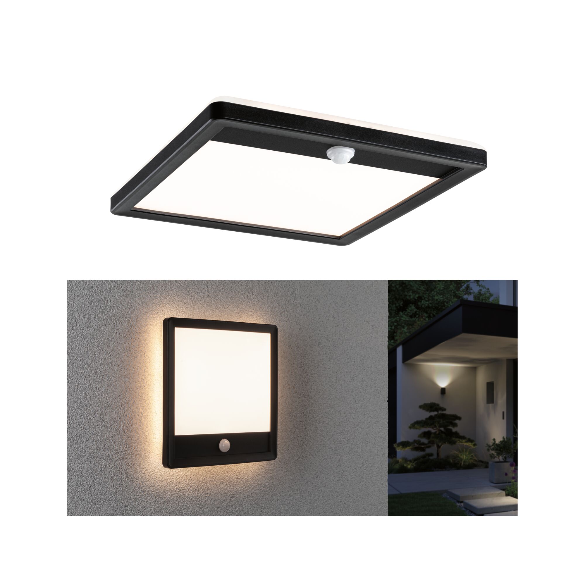 Udendørs LED-panel Lamina Backlight Twilight-styret bevægelsessensor (IR) havvandsresistent IP44 kantet 250x250mm 3000K 14,5W 950lm 230V Sort Plast Sort firkantet LED-væglampe med bevægelsessensor, varmt hvidt lys til udendørs brug.