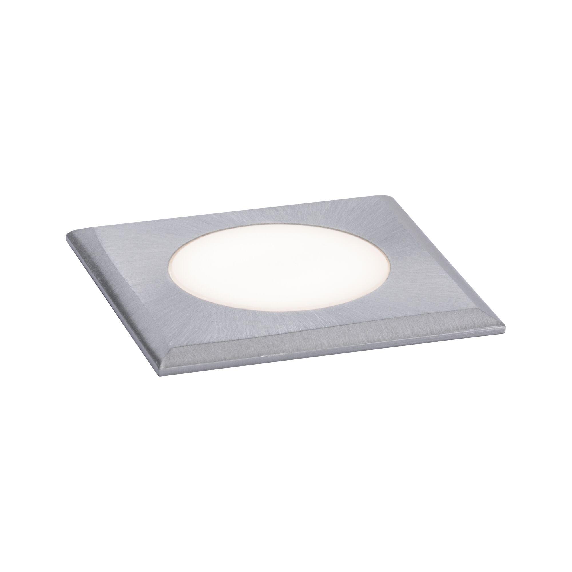 Square LED recessed light in brushed silver aluminium with warm white illumination for modern interiors