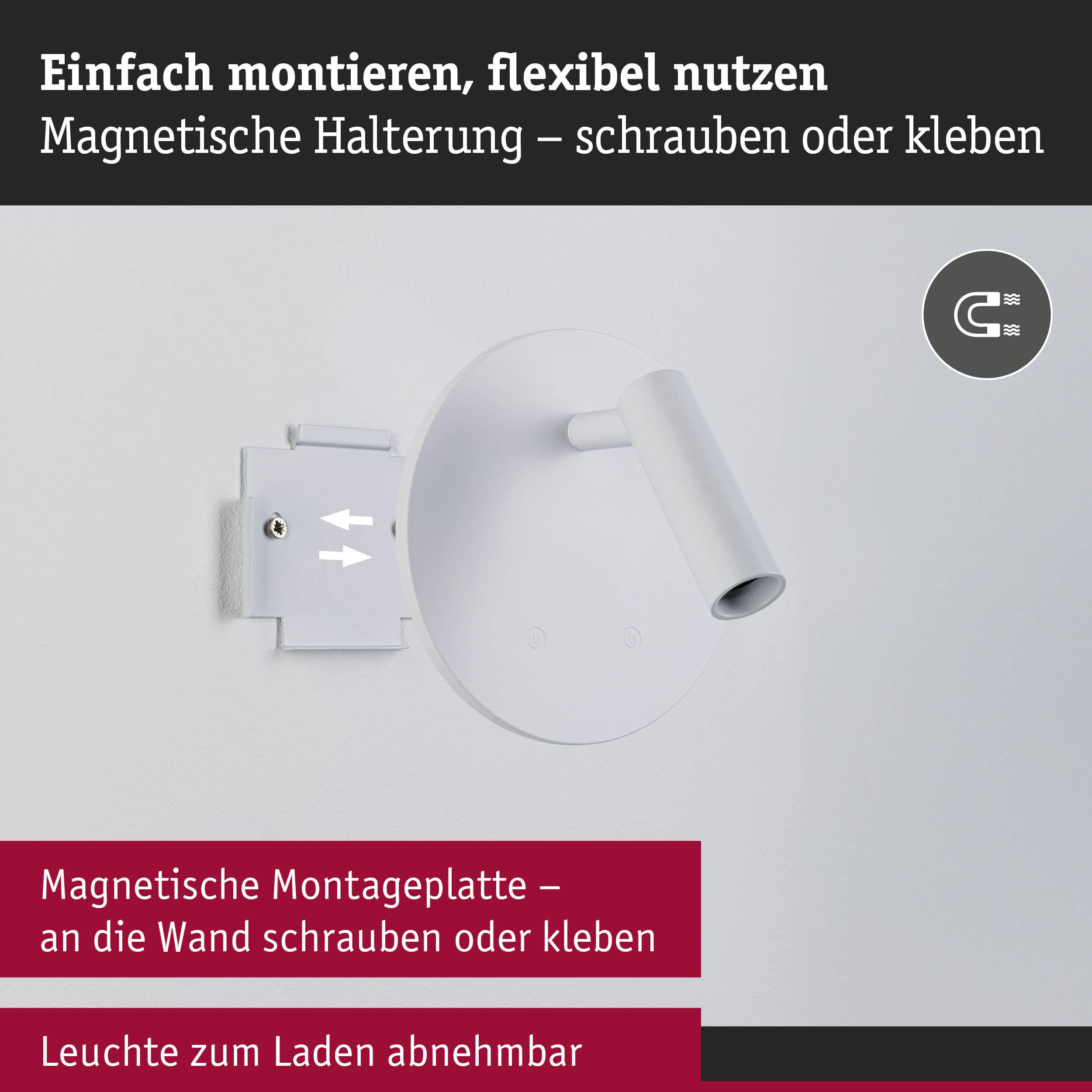 Weiße LED-Wandleuchte mit magnetischer Halterung zum Schrauben oder Kleben, abnehmbar zum Laden
