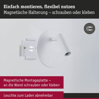 Weiße LED-Wandleuchte mit magnetischer Halterung zum Schrauben oder Kleben, abnehmbar zum Laden