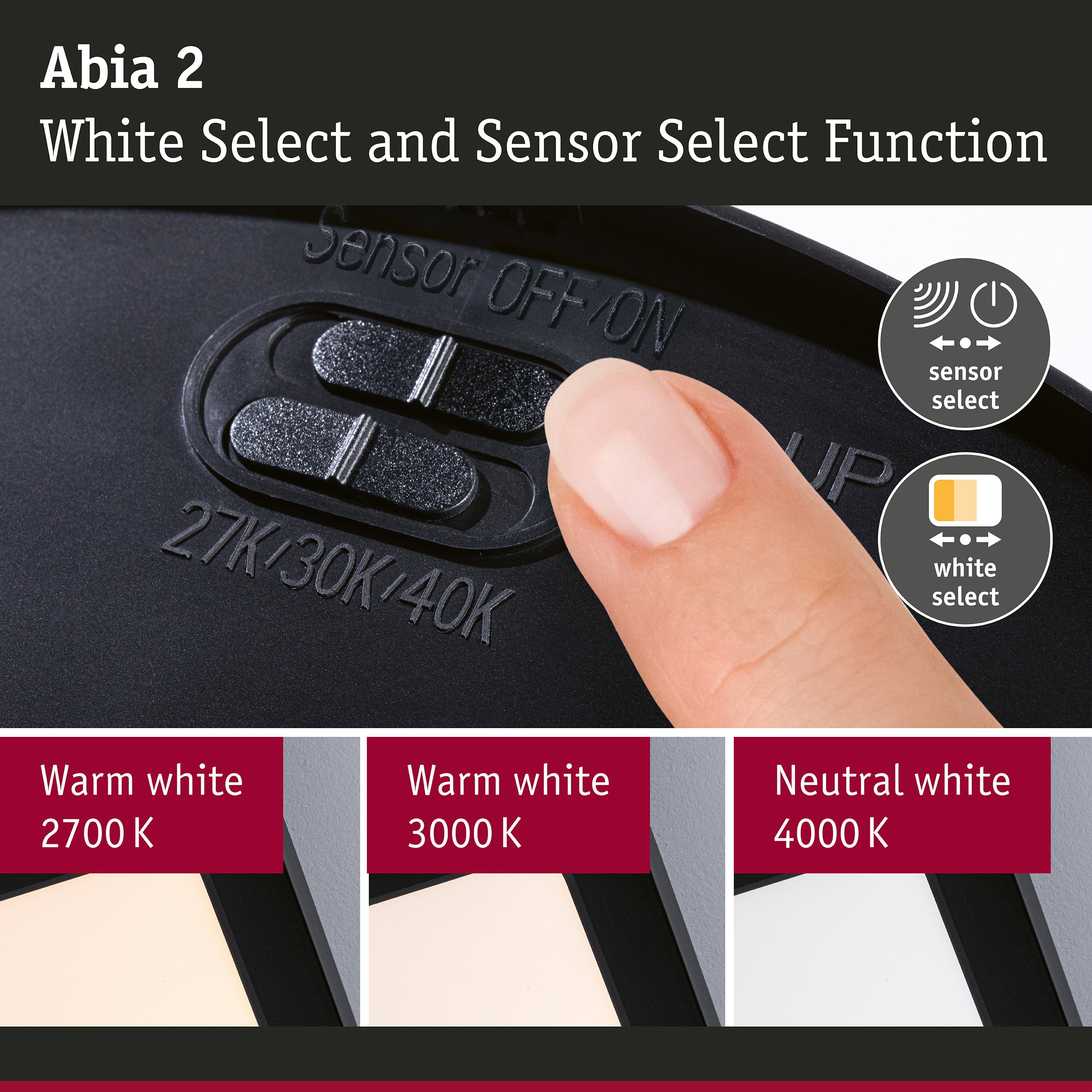 LED Panel Abia 2 White Select Twilight-controlled motion detector (HF) angular 300x300mm 14W 900lm White Select Black