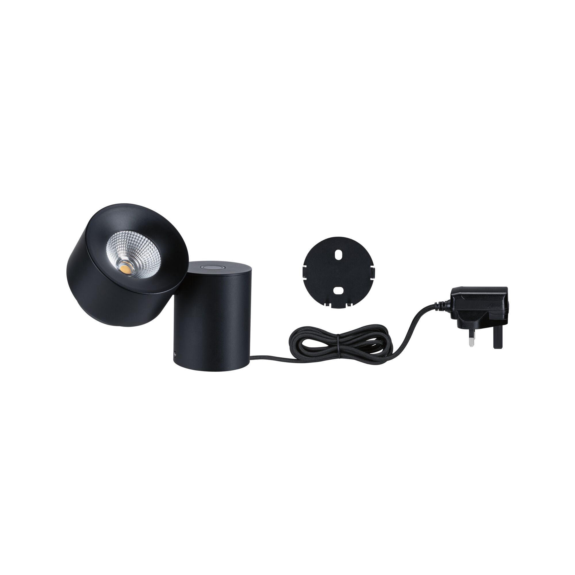 Black metal LED table lamp with adjustable head and power plug for modern indoor lighting