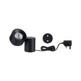 Black metal LED table lamp with adjustable head and power plug for modern indoor lighting