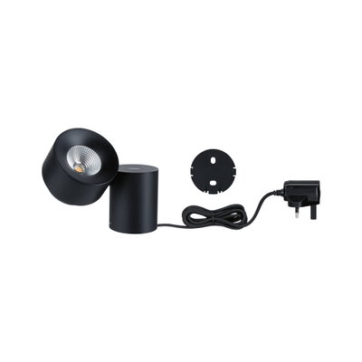Black metal LED table lamp with adjustable head and power plug for modern indoor lighting