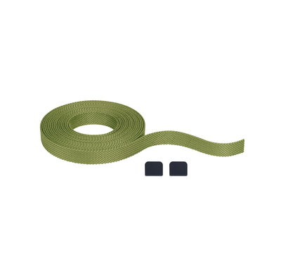 Green textured textile tape with two black end caps for versatile fastening solutions.