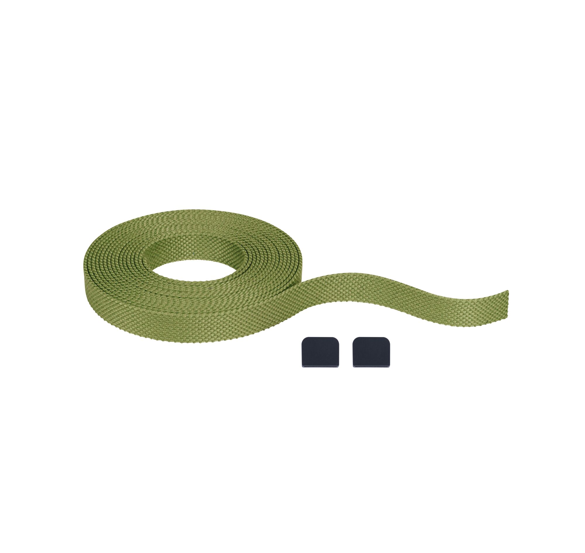 Bande textile verte texturée avec deux embouts noirs pour solutions de fixation polyvalentes.