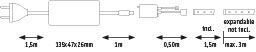 Technical drawing of white LED power supply with cables and connectors, dimensions shown.