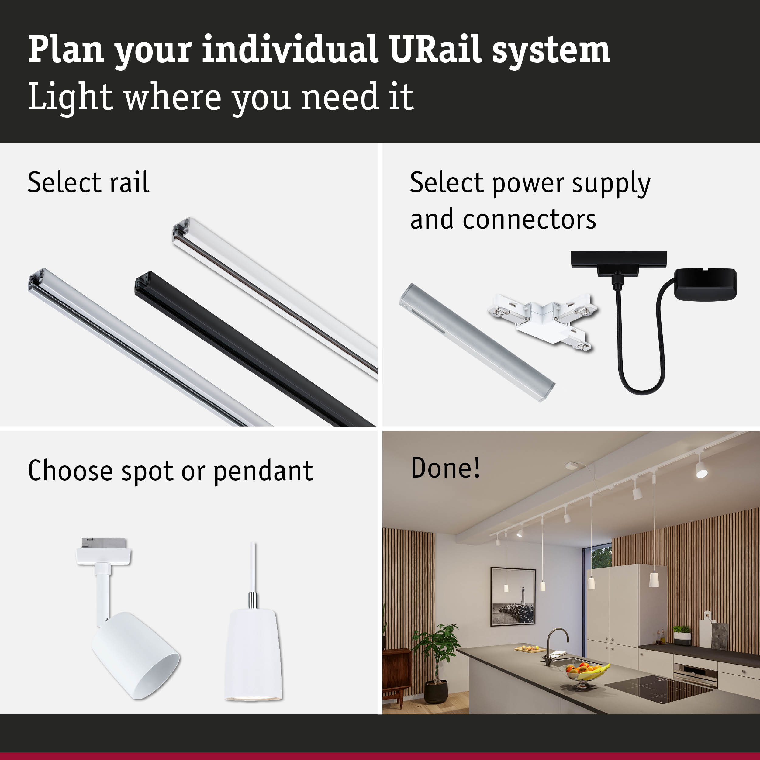 Modular URail track system with selectable rails, power supply, and spot or pendant lights for flexible lighting