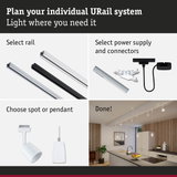 Modular URail track system with selectable rails, power supply, and spot or pendant lights for flexible lighting
