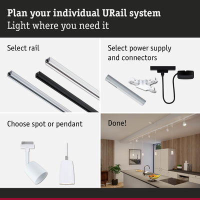 Modular URail track system with selectable rails, power supply, and spot or pendant lights for flexible lighting