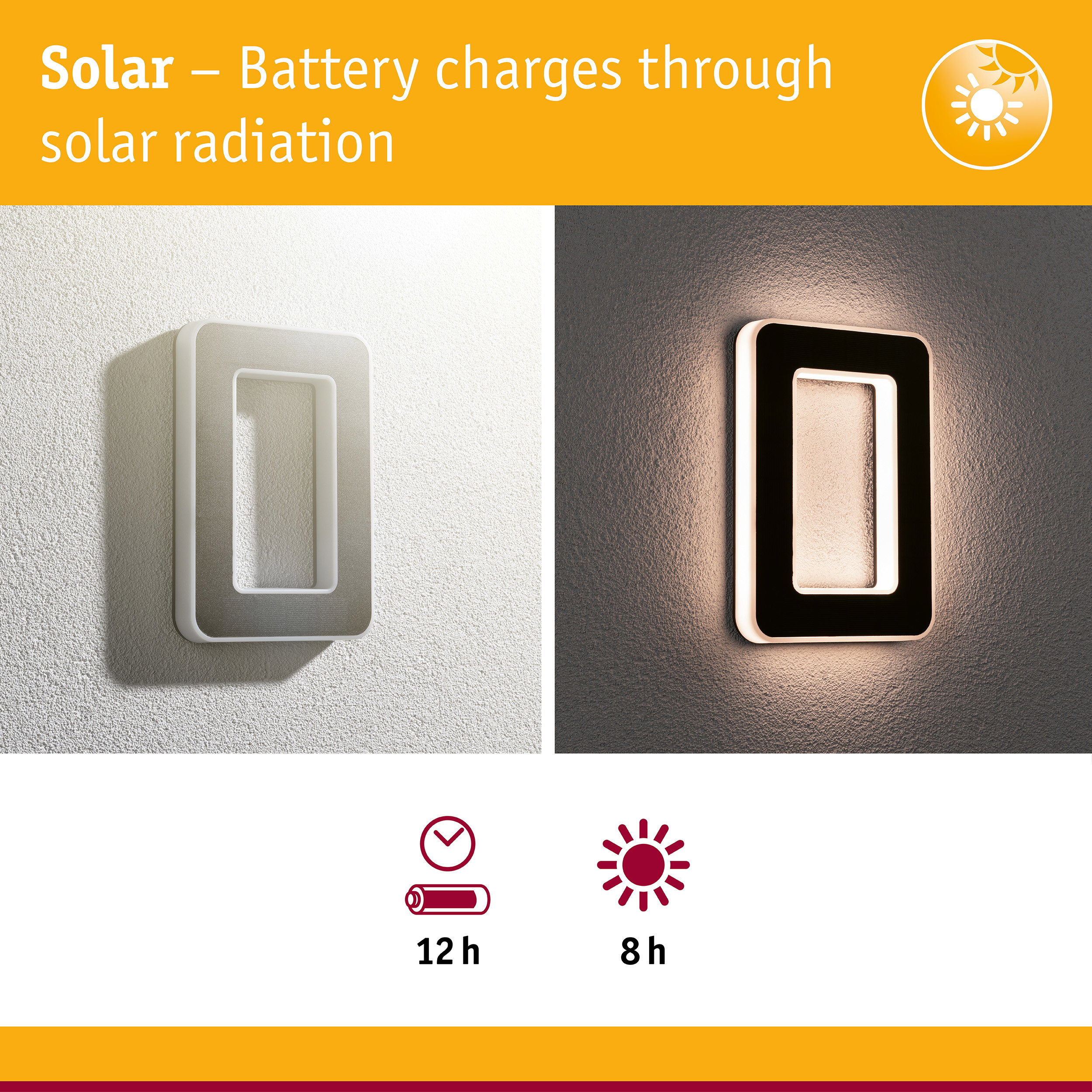 Solar-powered wall light in white and black with LED illumination and energy-saving feature